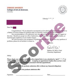 نمونه پذیرش اخذ شده از Syracuse University رشته شیمی